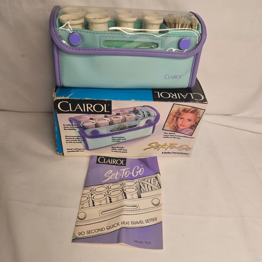 Clairol Set-To-Go Vintage 1989 Travel Hair Setter 8 Hot Rollers TS-8 Teal Purple